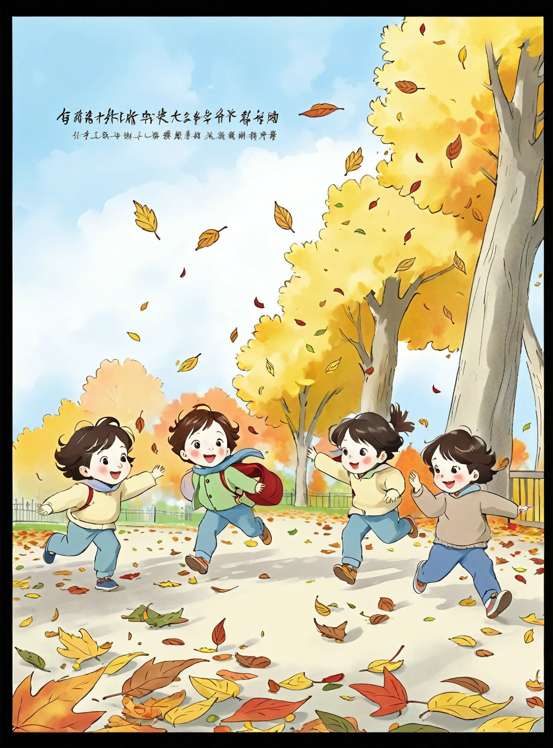 there are three ren playing in the park in the fall, Wind blowing leaves, in autumn, childllustration, color page, children\Png and calligraphy, The wind blows the fallen leaves, childrenbook ilation, in autumn, children book illustn, Children's Book Illusons, children's illustration, childAutumn leaves falling, col Children's Book Illustrations, , auti Yinwen