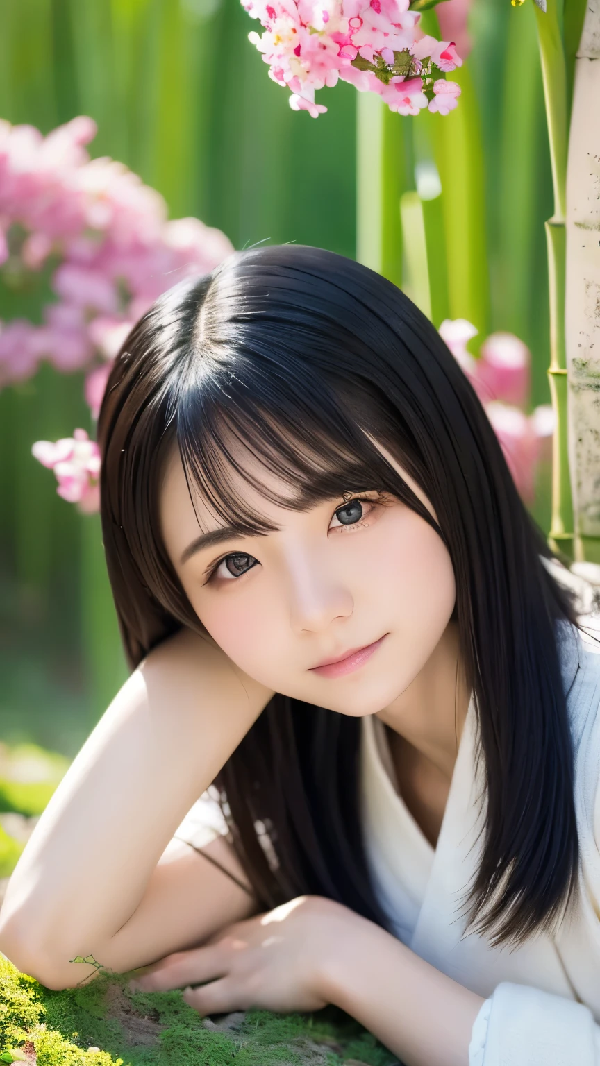 RAW Photos、Realistic、Actual Photos、Knee to upper body、((Highest quality,4K,8k,High resolution,masterpiece:1.2,Very detailed,Realistic,photoRealistic,photo-Realistic:1.37)),(1 female),bamboo forestに佇む女性,One Girl,White kimono,beautiful kimono,Cute Face,beautiful, Silky black hair,Grey Eyes,Stagnation,静けさの佇むbamboo forest,Full of greenery,Old landscape of Japan,bamboo forest,