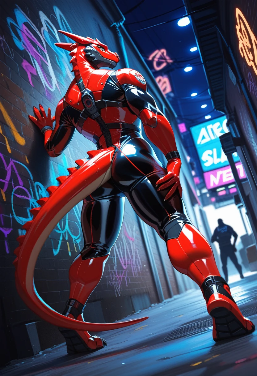 animation, Highest quality, Highest quality, High quality illustrations, masterpiece, Ultra-high resolution, Detailed Background, Alley, night, wall graffiti art, Absurd, Perfect Anatomy, performance, Good lighting, Shadows in the movies(kemono, Furry Personifi猫ion), Lizardman, Blueskin, Red Rubber Suit, latex, neon, neonライト, neonカラー, Bodysuits, Cyber Suit, Mech Suit, cyber punk, Put your hands on the wall, Stick your butt out, Dynamic Angle