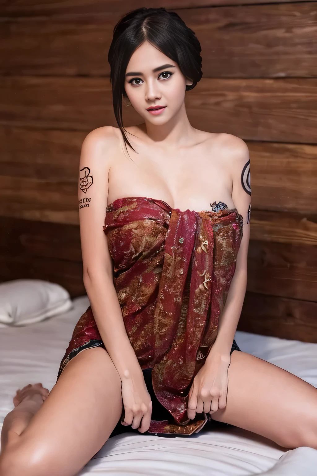 a beautiful girl with detailed tattoos on her body, ((text tattoo on body:LOVE)), wearing a sarong dress, beautiful detailed eyes, baby face, cute girl, large breasts, earrings, a woman laying on bed, legs spread open, exposing her dark hairy pussy, inviting intimate pose, high quality, photorealistic, detailed anatomy, masterpiece, 8k, realistic, hyperdetailed, cinematic lighting, dramatic lighting, natural skin tones, vivid colors, warm color palette