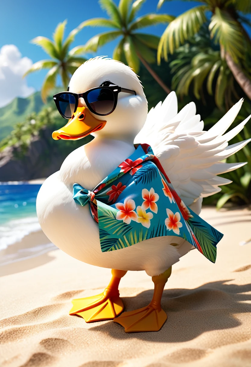 Esbian all over body、Cool white duck、Pop White Duck、Diorama、Simple Background、sunglasses、Aloha Shirt、tropical、Beach Background、Cape、Best Quality, Capture the cutest moments, Depth of written boundary, Super detailed, Ultra-high resolution, Octadale, 8k, 16km race
