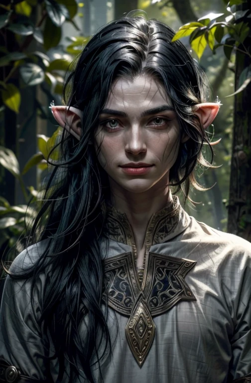 slightly smiling with a bird on his finger Man with Lanky streaky black hair elf with very long ears with some scars from battle, thin and gaunt. Very long elven ears, long ears, he is wearing a shirt
