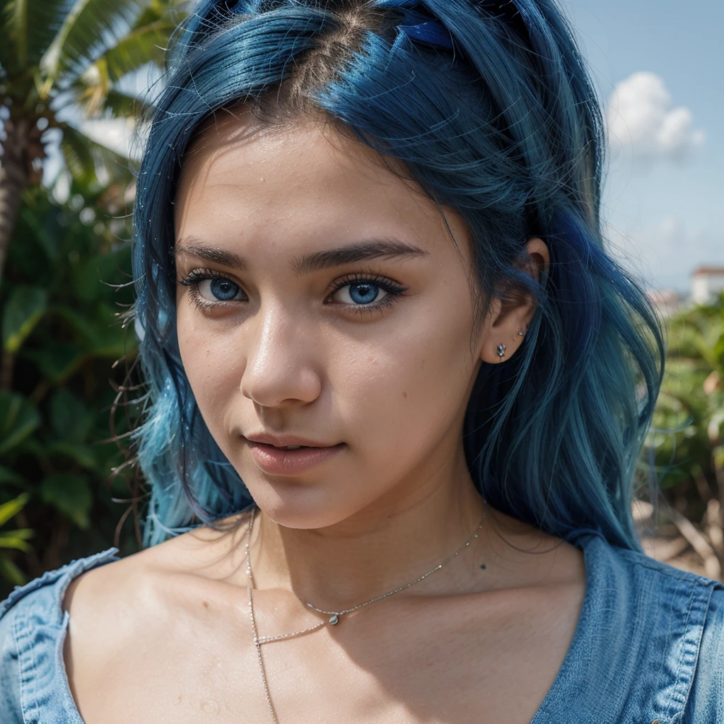 A photorealistic portrait of an 18-year-old Brazilian girles confidently into the distance with striking blue hair, piercing blue eyes, and a, fashionable outfit. The image should be a close-up shot, focusing on her unique features, 8k hdr, high detailed, with subtle hints of her Brazilian heritage incorporated in the background.