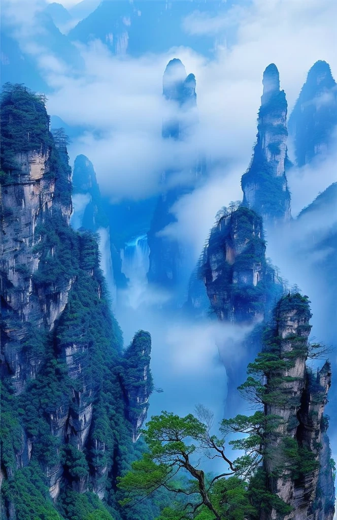 Close up of a mountain with a waterfall in the middle, Zhangjiajie national forest park, Zhangjiajie in early morning, Zhangjiajie, stunning nature in background, Magnificent natural scenery, Stunning Mountains, Floating mountains, Beautiful nature, Beautiful mountain background, Beautiful mountains, Misty Mountains, Stunning scenery, Very beautiful scenery