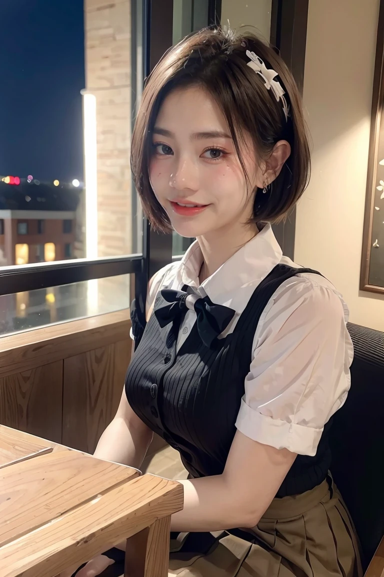 (8k, best quality, masterpiece:1.2), (sfw:1.3), (realistic, photo-realistic:1.37), ultra-detailed, 1 girl,cute, solo,beautiful detailed sky,detailed cafe,night,sitting,dating,(nose blush),(smile:1.1),(closed mouth) medium breasts,beautiful detailed eyes,(collared shirt:1.1), bowtie,pleated skirt,(short hair:1.2),floating hair