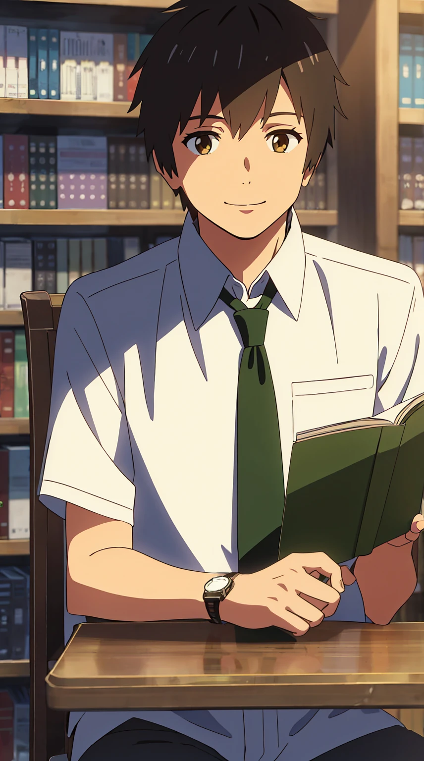 highest quality, masterpiece, shinkai makoto, kimi no na wa., 1 boy, bangs, black hair, brown eyes, white collar, green strip collar, white color, white shirt color, looking at the viewer, gren tie, white pants, watch, , black hair, Upper body, smile, cute, alone, shirt, white pants, green belt, short sleeve, smile, sitting in a chair, library, reading a book
