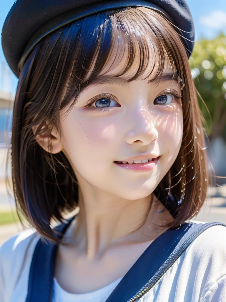 1girl, 14 years old, Famous idol, 1cute girl, very young face, detailed face, cute face, master piece , best quality , woman , bowler hat , bangs , smile , outdoor, Shiny platinum blonde silky super short hair, side locks, beautiful shiny bangs, big clear sky blue eyes, very beautiful light eye highlights, earrings,