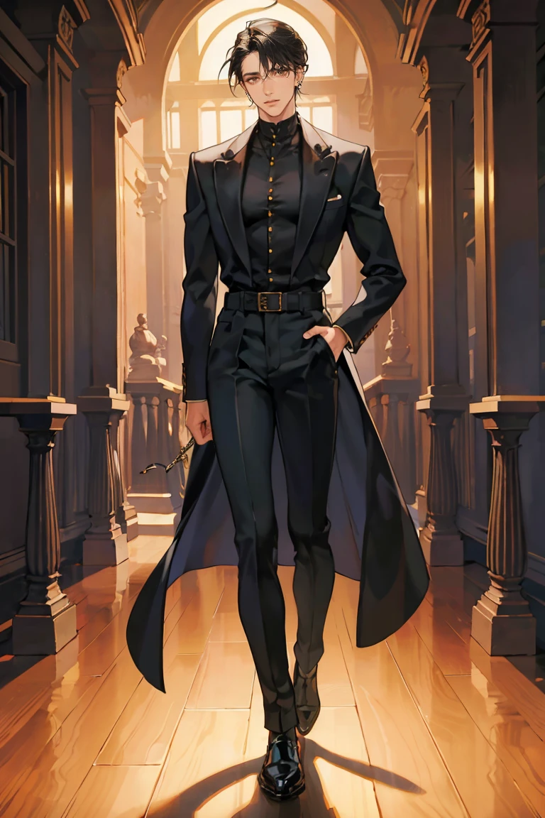 (masterpiece), best quality, seductive eyes, perfect face, handsome man, brown eyes, long slicked back black hair, long nose, tan brown skin, black coat, black fitted pants, extremely tall man, long legs, long calves, full body, tall man, long legs, anime cover, 1boy, ear piercings, hands in pockets, adult-like look, cafe background
