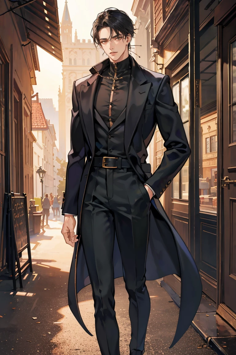 (masterpiece), best quality, seductive eyes, perfect face, handsome man, brown eyes, long slicked back black hair, long nose, tan brown skin, black coat, black fitted pants, extremely tall man, long legs, long calves, full body, tall man, long legs, anime cover, 1boy, ear piercings, hands in pockets, adult-like look, cafe background
