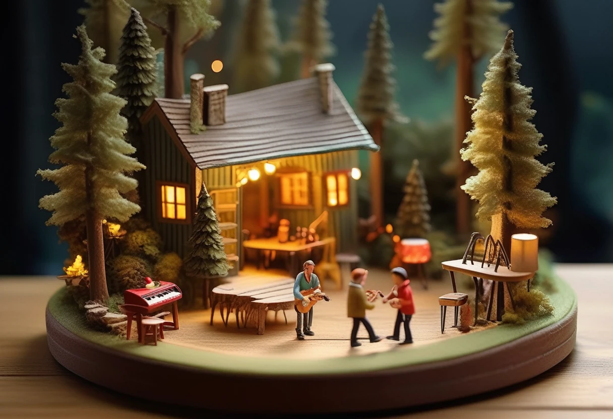 A miniature woodland scene with a cozy cabin nestled amongst trees, featuring a band performing on a stage lit by string lights. Tiny figures of musicians play instruments, adding a sense of life and joy to the scene. The cabin is adorned with warm, inviting lights, creating a welcoming atmosphere. The surrounding forest is lush and vibrant, with a sense of peace and tranquility. The overall mood is whimsical and magical, evoking a sense of wonder and enchantment.