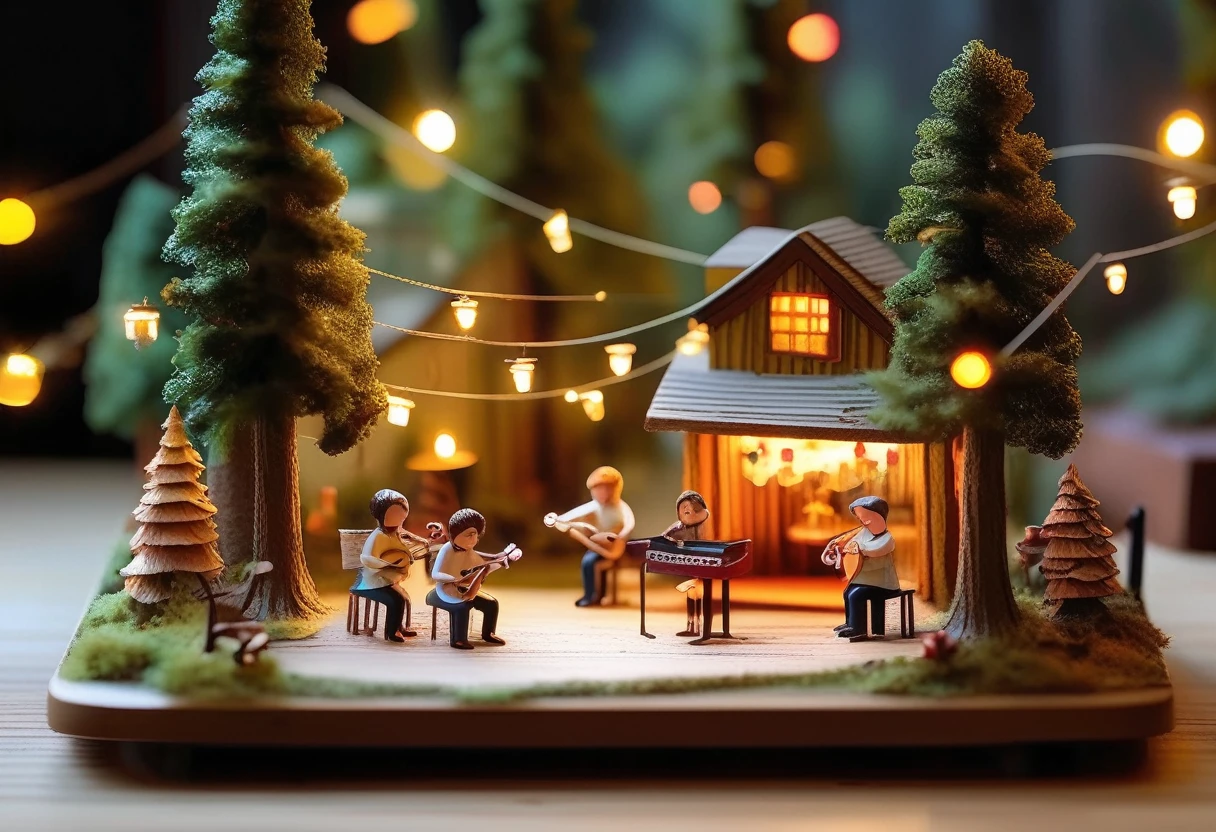 A miniature woodland scene with a cozy cabin nestled amongst trees, featuring a band performing on a stage lit by string lights. Tiny figures of musicians play instruments, adding a sense of life and joy to the scene. The cabin is adorned with warm, inviting lights, creating a welcoming atmosphere. The surrounding forest is lush and vibrant, with a sense of peace and tranquility. The overall mood is whimsical and magical, evoking a sense of wonder and enchantment.