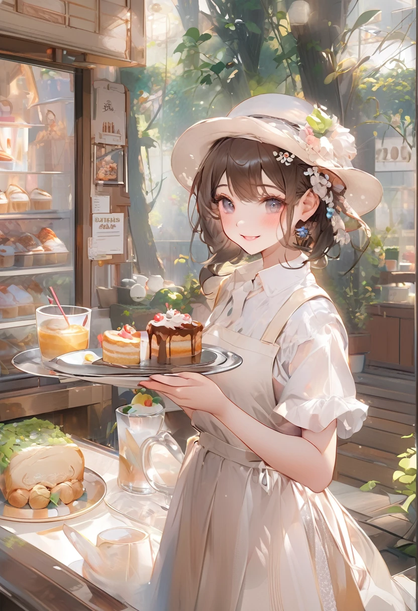 anime smiling girl holding a plate of food in front of a window, artwork in the style of guweiz, guweiz on pixiv artstation, mysterious coffee shop girl, guweiz on artstation pixiv, guweiz, kawaii realistic portrait, kawacy, trending on artstation pixiv, anime visual of a cute girl, fantasy bakery