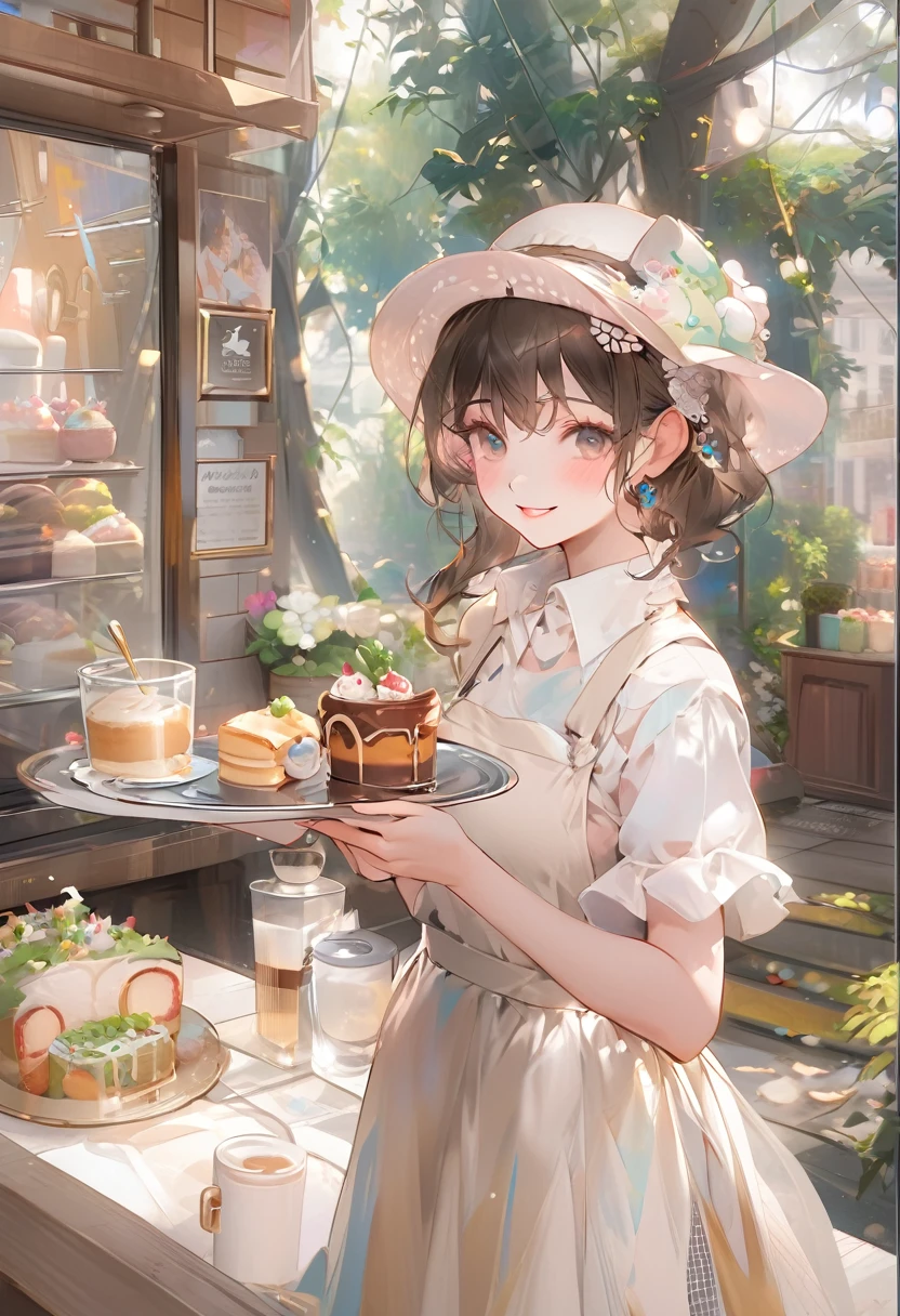 anime smiling girl holding a plate of food in front of a window, artwork in the style of guweiz, guweiz on pixiv artstation, mysterious coffee shop girl, guweiz on artstation pixiv, guweiz, kawaii realistic portrait, kawacy, trending on artstation pixiv, anime visual of a cute girl, fantasy bakery