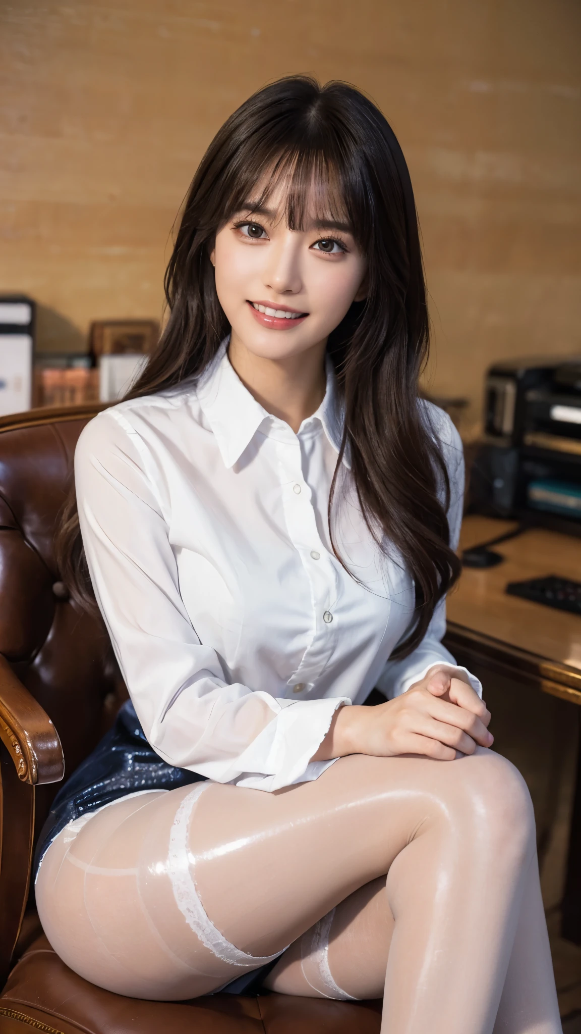 gorgeous lips, cinematic, (masterpiece), (best quality), (ultra-detailed), very aesthetic, perfect composition, intricate details, absurdres, detailed face, (anime, masterpiece, intricate:1.3), (best quality, hires textures, high detail:1.2), 
realistic,masterpiece, best quality, ultra detailed,high quality,high res,high saturation,depth of field,high res,4K,8K,well drawn,(in office,high detailed background:1.1),high detailed face,high detailed clothes ,(milf woman solo, from below,(office lady,white shirts,(shiny pantyhose),high heels),blunette,long hair,bangs,vulgar,shy,embarrassed gloating,grin,(looking down at viewer:1.1)),(sitting on leather chair,crossed legs),leg focus,luster,glittery,dynamic lighting,sharp focus, perfect hands, perfect light,add_detail:1, add_detail:0, add_detail:0.5