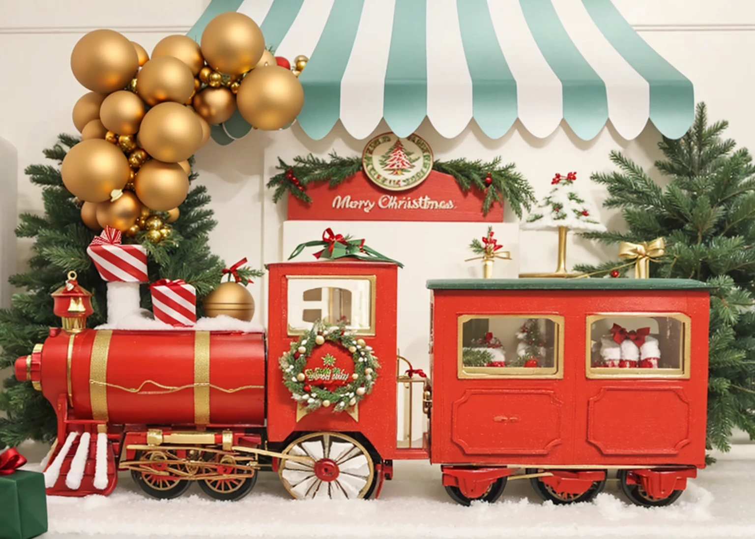 Red Christmas train，Christmas Gift Shop，Green Christmas tree