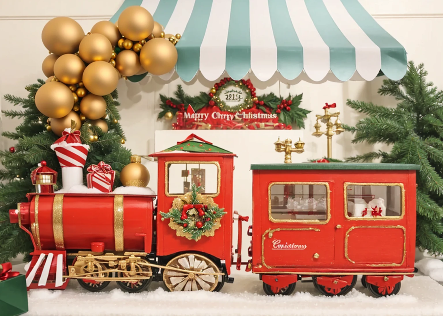 Red Christmas train,Christmas Gift Shop,Green Christmas tree