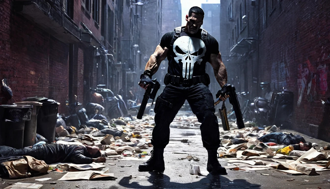 Hyperrealistic image of the furious bodybuilder vigilante hero, incorporating elements of Arkane punk and Cyber ​​rock styles, exudes a grunge tone in a cinematic aesthetic. Vibrant tetradic colors stand out against a black light spot, creating high-octane energy. This captivating image captures the Punisher in a dynamic and imposing way, punching a bad guy in the face, seamlessly combining different art styles. The details of the art are exquisite, showing the intense nature and complexity of the 8k character. Street alley scene full of rats and overturned trash cans, old papers and newspapers scattered on the floor. The high quality of the image is undeniable, drawing viewers into the intense world of the Punisher. Sinister atmosphere. Full body.HDR and RTX.