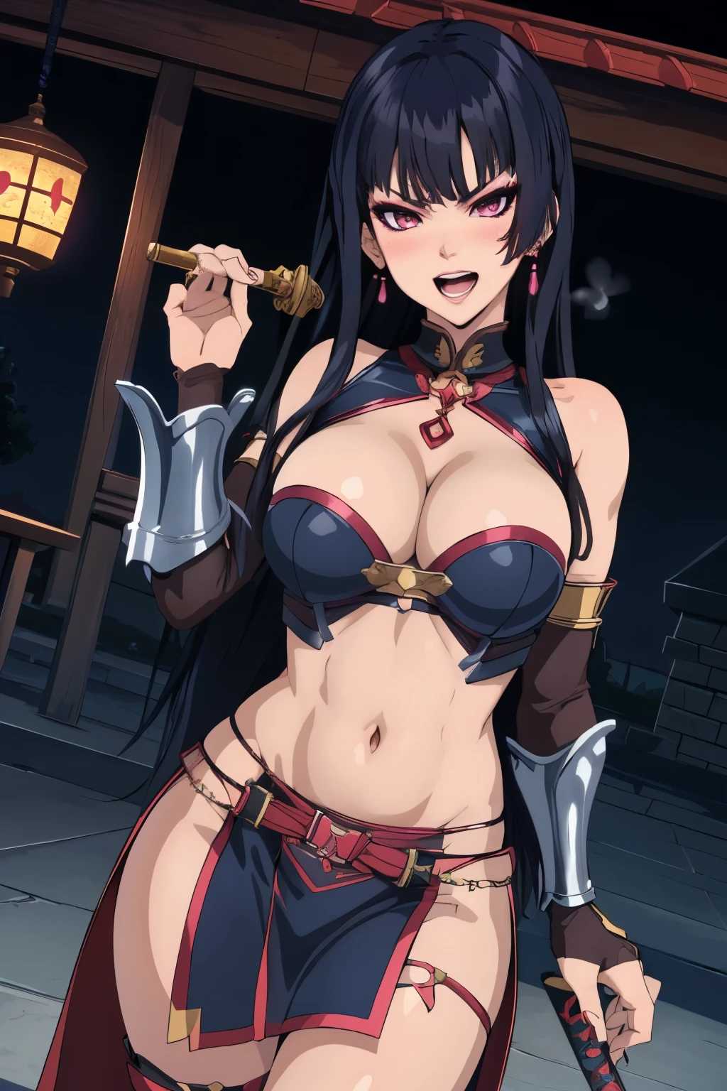 nyotengu, long hair, blush, lipstick, jewelry, earrings, Hot girl, baddie, staring, glaring, bad attitude, mean girl, dare, angry, hate, crazy, smoking, sensual, attractive, blush, lipstick, masterpiece, best quality, highly detailed, fantasy , a anime girls in armored dress holding a sword
posing for a picture, evil smile, smile, open mouth, breastplate with open cleavage, cleavage, warrior
outfit, ecchi anime style, anime girls, ecchi style, (nsfw) not safe for work, ecchi, digital anime art!!, in
anime style, official artwork, visual novel cg, beautiful anime girl, anime style 4 k , loincloth, exposed
belly, exposed navel, exposed midriff, exposed lower belly, pencil skirt armored, castle,inside castle