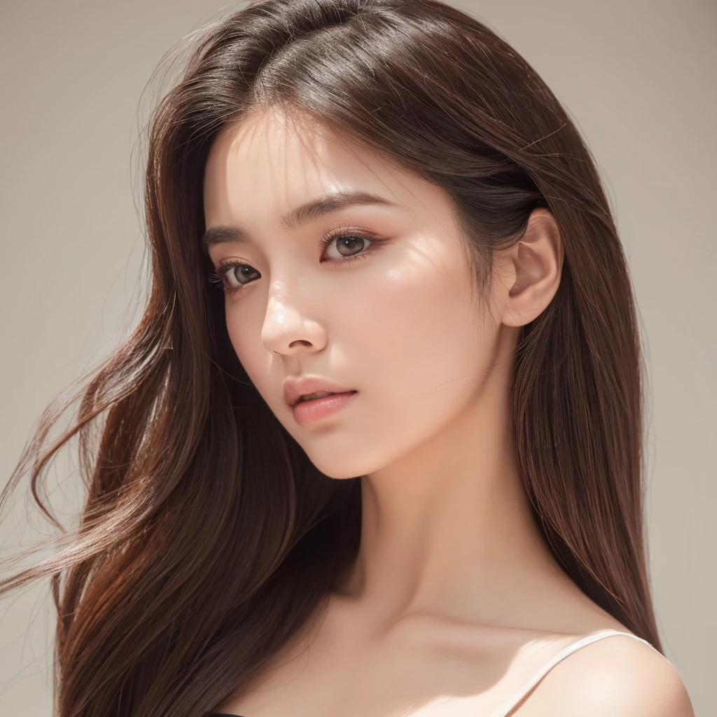 A close-up portrait of a Japanese woman in a studio setting, her face turned to her right (viewer's left), creating a captivating three-quarter view. Her expertly styled, light-colored hair exudes a fresh-from-the-salon look with natural, dynamic movement and soft waves elegantly framing the visible side of her face. The hair cascades down, some strands falling gracefully over her left shoulder.
Her visible eye is the focal point, featuring long, voluminous eyelashes and precise, dark eyeliner that accentuates her eye shape. The turn of her head allows for an interesting play of light and shadow across her features, emphasizing her cheekbone and the curve of her jaw. Her visible cheek has a soft, flattering blush.
The portrait stops at her shoulders, with no hands visible in the frame. The studio lighting brilliantly illuminates the visible side of her face and hair, creating a gentle gradient of light that enhances the three-dimensional aspect of the portrait. This lighting emphasizes her eye, eyelashes, eyeliner, and the dynamic movement of her hair. It also creates an interplay of light and shadow that accentuates the hair's texture and movement, particularly where it falls over her shoulder.
The background is pure white, creating a clean and bright atmosphere with no other elements present. This stark white background contrasts beautifully with her hair and features, further emphasizing the subject and the artistic lighting.