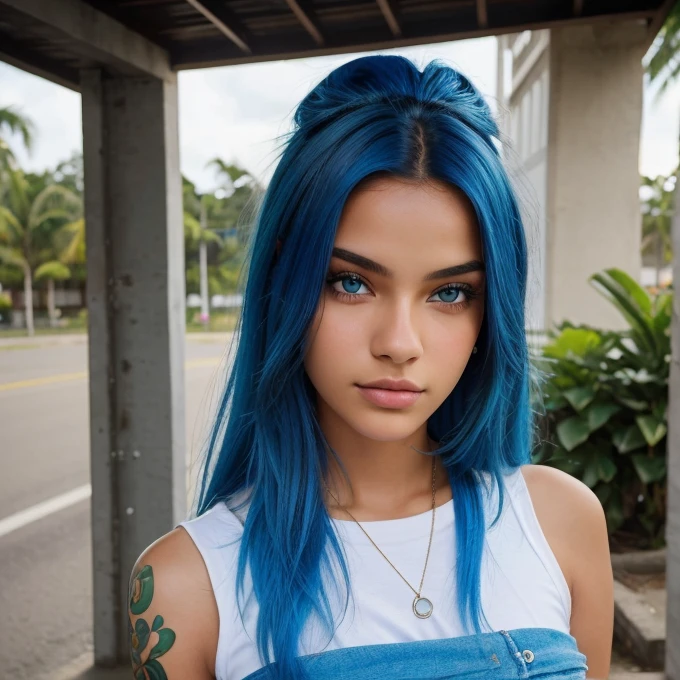 A photorealistic portrait of an 18-year-old Brazilian girles confidently into the distance with striking blue hair, piercing blue eyes, and a, fashionable outfit. The image should be a close-up shot, focusing on her unique features, 8k hdr, high detailed, with subtle hints of her Brazilian heritage incorporated in the background.