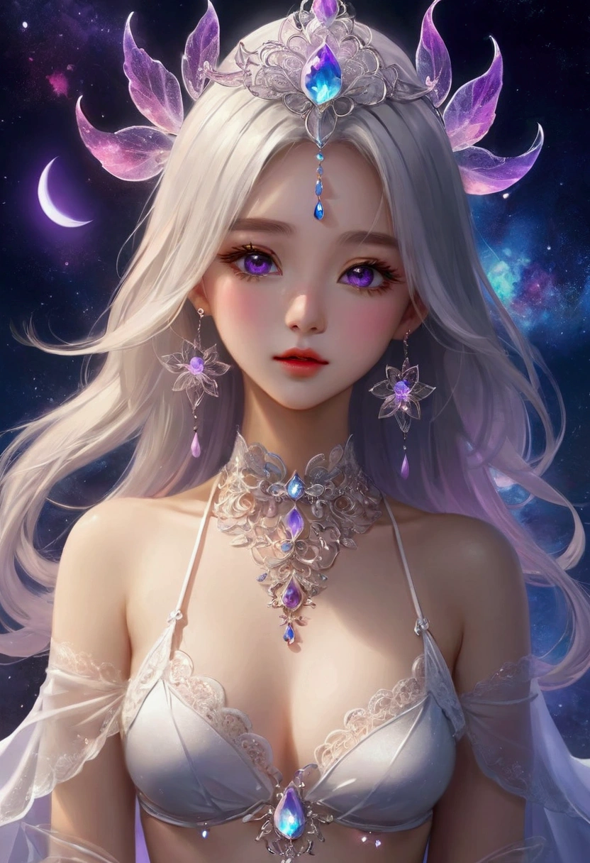 author：Yang Jie, G Liulian art style, Fantasy art style, Cute girl, Perfect eyes, portrait, High detail face, Rainbow Colors, Global Illumination, fantasy, Night Sky, Star, nebula, White crystal, moonlight, summer, Wear sexy transparent low-cut lace underwear,lotus, Headdress, Violet necklace, Experimental photography，Surreal contrasts，Eye-Catching Visuals，Artistic abstraction，Breaking the art of cutting，Layered Outlines，Complex Mode，exquisite craft，Depth and size，Translucent form，short-lived beauty，Crystal structure，glowing lines，Fluorescence，Glow Example，Tracking Example，Backlight，Light particle blur，Fractal background