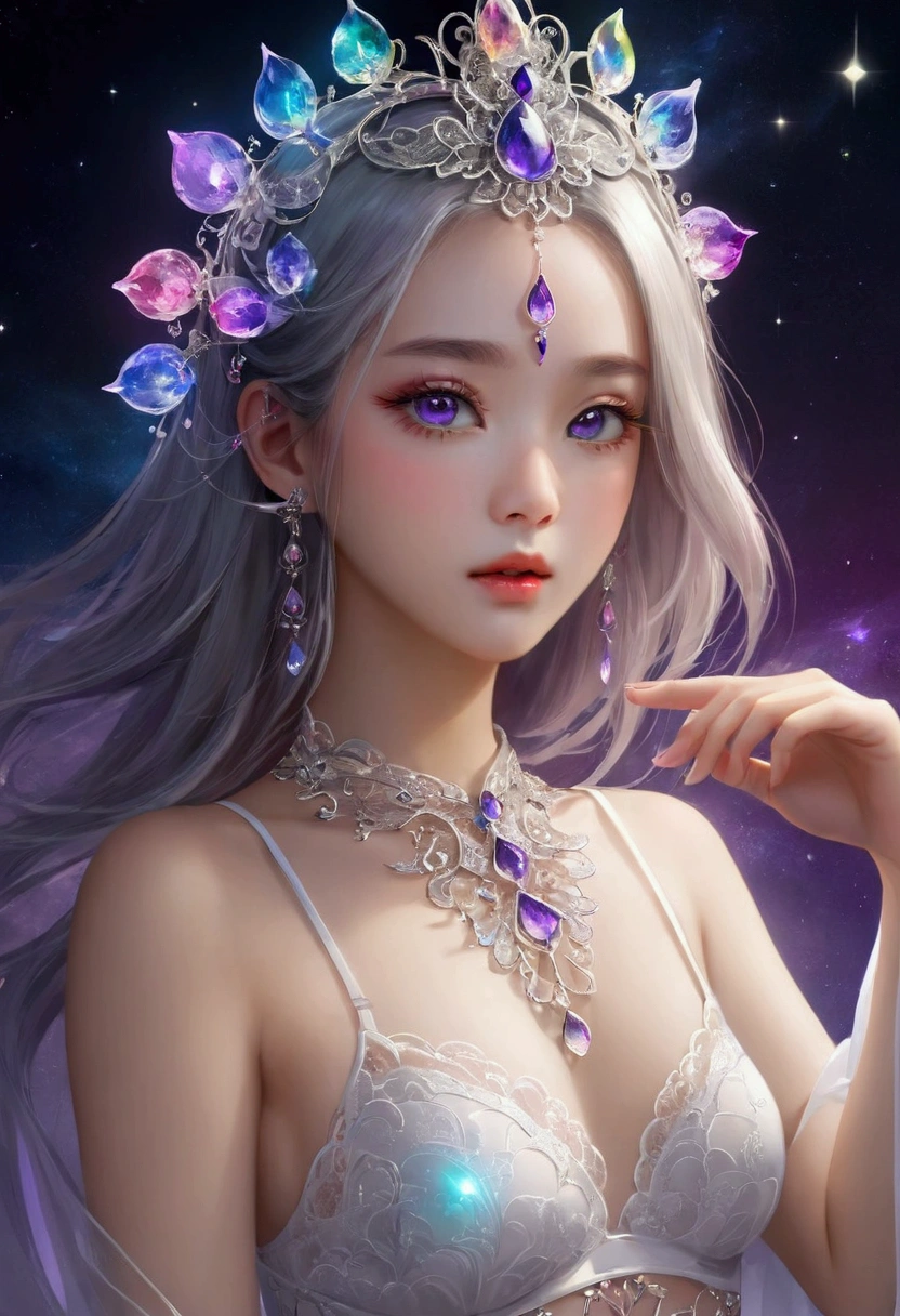 author：Yang Jie, G Liulian art style, Fantasy art style, Cute girl, Perfect eyes, portrait, High detail face, Rainbow Colors, Global Illumination, fantasy, Night Sky, Star, nebula, White crystal, moonlight, summer, Wear sexy transparent low-cut lace underwear,lotus, Headdress, Violet necklace, Experimental photography，Surreal contrasts，Eye-Catching Visuals，Artistic abstraction，Breaking the art of cutting，Layered Outlines，Complex Mode，exquisite craft，Depth and size，Translucent form，short-lived beauty，Crystal structure，glowing lines，Fluorescence，Glow Example，Tracking Example，Backlight，Light particle blur，Fractal background