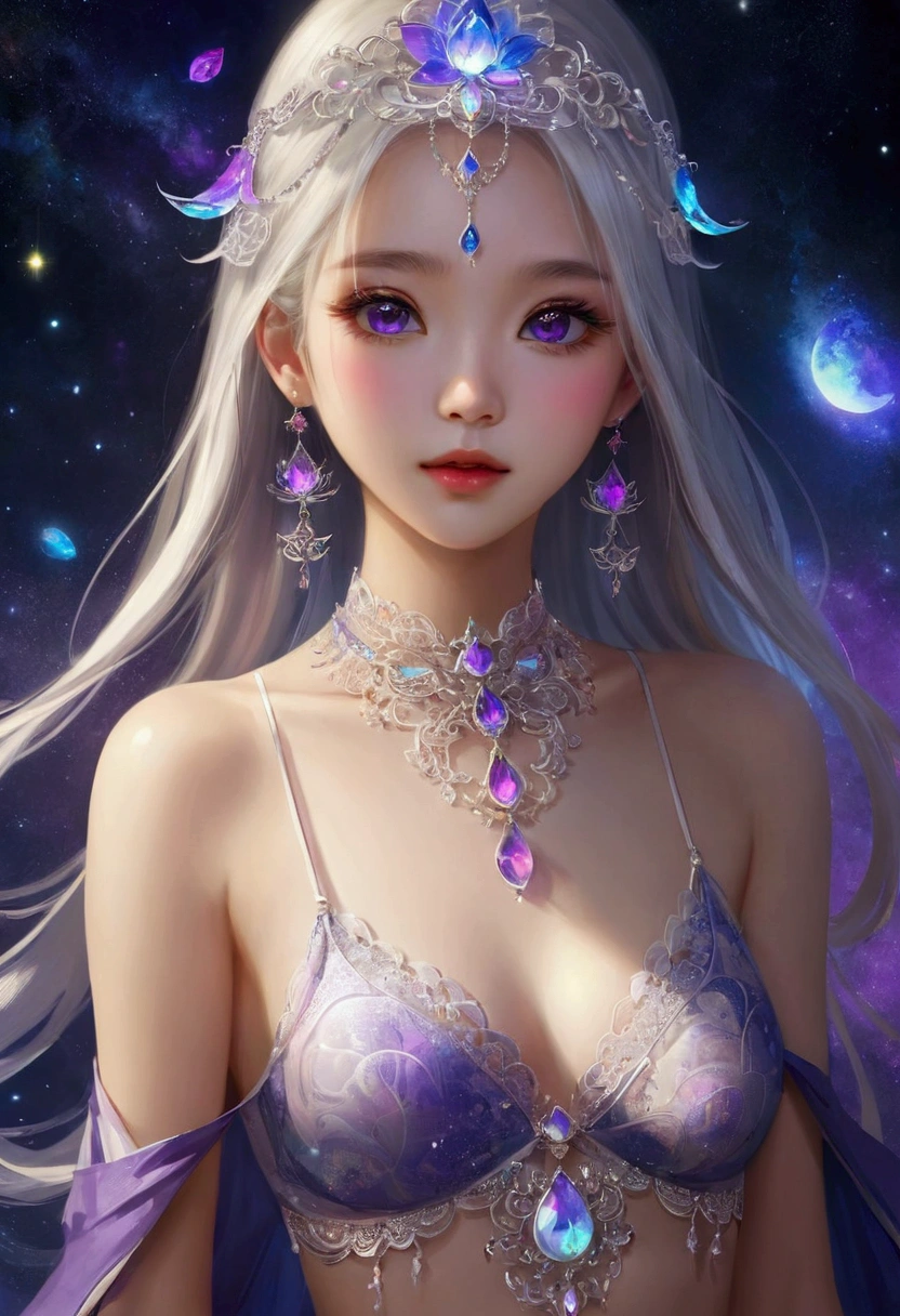 author：Yang Jie, G Liulian art style, Fantasy art style, Cute girl, Perfect eyes, portrait, High detail face, Rainbow Colors, Global Illumination, fantasy, Night Sky, Star, nebula, White crystal, moonlight, summer, Wear sexy transparent low-cut lace underwear,lotus, Headdress, Violet necklace, Experimental photography，Surreal contrasts，Eye-Catching Visuals，Artistic abstraction，Breaking the art of cutting，Layered Outlines，Complex Mode，exquisite craft，Depth and size，Translucent form，short-lived beauty，Crystal structure，glowing lines，Fluorescence，Glow Example，Tracking Example，Backlight，Light particle blur，Fractal background