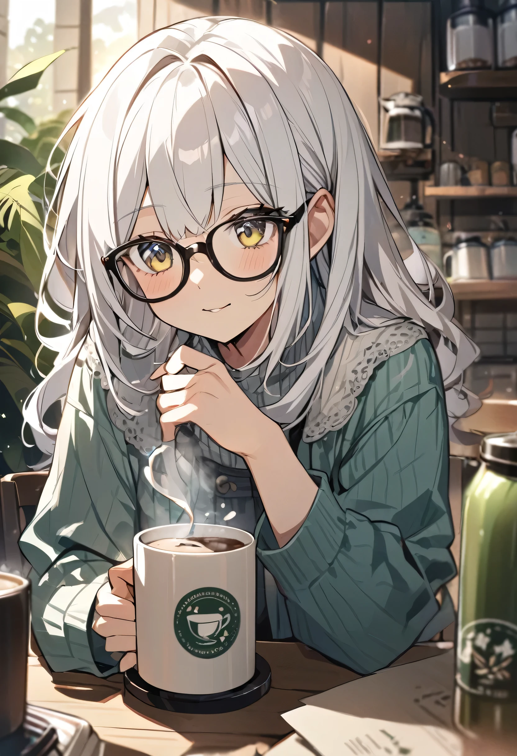 Aromatic coffee、One Girl、White Hair、cute、Black glasses