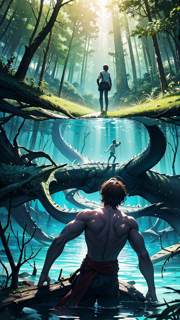 Create a scene that divides the scene into two parts: the upper water and the underwater part. In the upper water part, there is a forest path full of large trees. Sunlight shines through the trees, creating beautiful light and shadow. A man is walking facing the path, holding a rifle in his hand. Underwater, there is a young woman who is trying to escape from something. She is holding onto a branch that extends into the water tightly. Near her, there is a strong young man who has the body from the waist down of a large, ferocious crocodile, threatening the young woman. Underwater, there are tree roots spreading all over, creating a mysterious and tense atmosphere.
