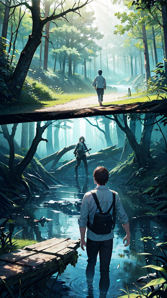 Create a scene that divides the scene into two parts: the upper water and the underwater part. In the upper water part, there is a forest path full of large trees. Sunlight shines through the trees, creating beautiful light and shadow. A man is walking facing the path, holding a rifle in his hand. Underwater, there is a young woman who is trying to escape from something. She is holding onto a branch that extends into the water tightly. Near her, there is a strong young man who has the body from the waist down of a large, ferocious crocodile, threatening the young woman. Underwater, there are tree roots spreading all over, creating a mysterious and tense atmosphere.