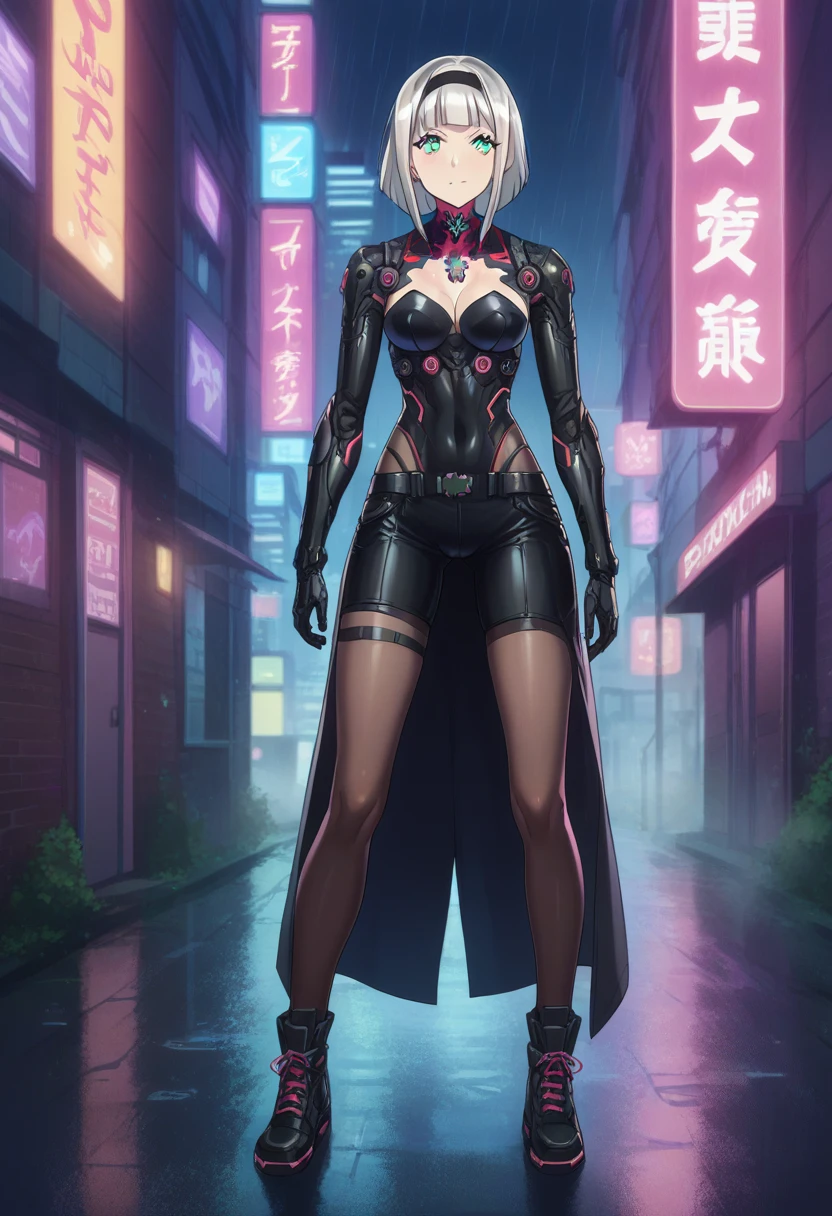 Anna nishikinomiya with the same female body but only with armor that covers her entire cyberpunk body, has a (black robotic armor)Black cyborg, from the torso and shoulders to the legs and feet, cyberpunk armor full body (slim), in a raining alley of a cyberpunk city 