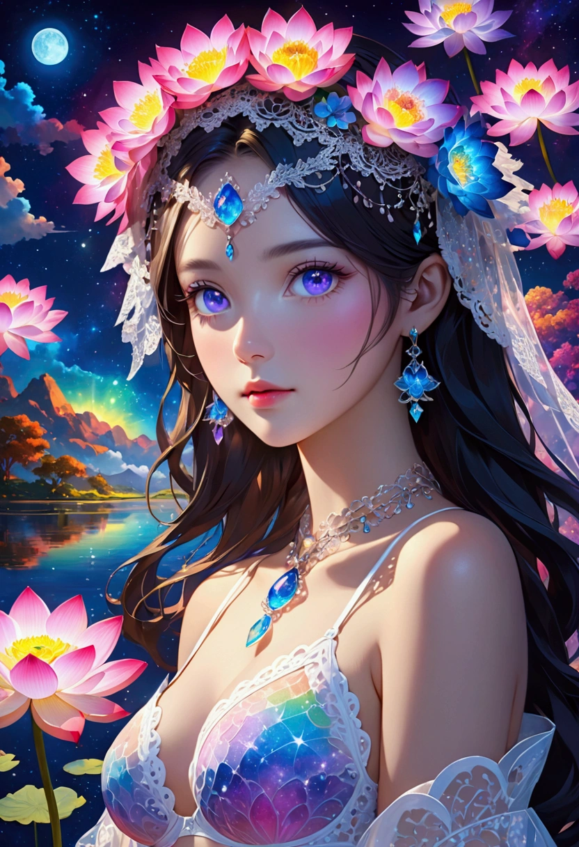 author:Yang Jie, G Liulian art style, Fantasy art style, Cute girl, Perfect eyes, portrait, High detail face, Rainbow Colors, Global Illumination, fantasy, Night Sky, Star, nebula, White crystal, moonlight, summer, Wear sexy transparent low-cut lace underwear,lotus, Headdress, Violet necklace, Experimental photography,Surreal contrasts,Eye-Catching Visuals,Artistic abstraction,Breaking the art of cutting,Layered Outlines,Complex Mode,exquisite craft,Depth and size,Translucent form,short-lived beauty,Crystal structure,glowing lines,Fluorescence,Glow Example,Tracking Example,Backlight,Light particle blur,Fractal background