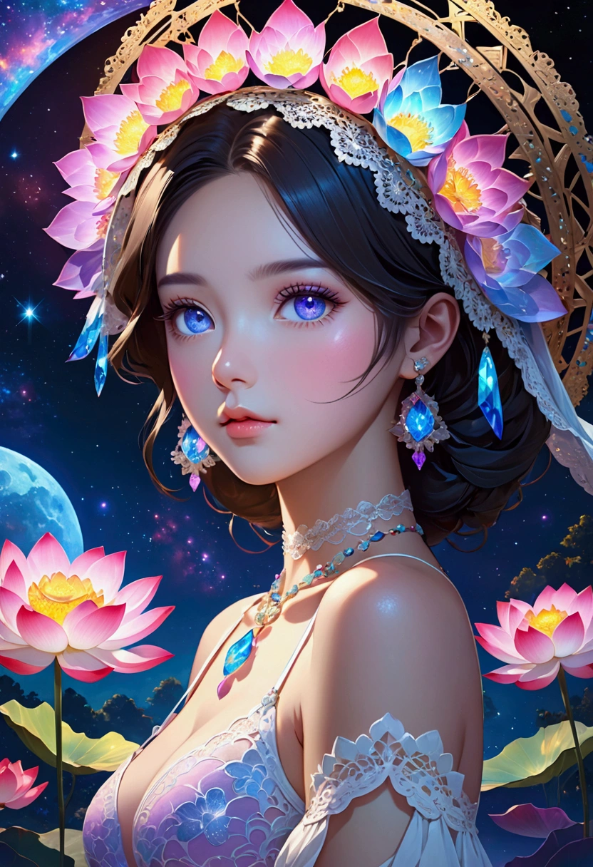 author:Yang Jie, G Liulian art style, Fantasy art style, Cute girl, Perfect eyes, portrait, High detail face, Rainbow Colors, Global Illumination, fantasy, Night Sky, Star, nebula, White crystal, moonlight, summer, Wear sexy transparent low-cut lace underwear,lotus, Headdress, Violet necklace, Experimental photography,Surreal contrasts,Eye-Catching Visuals,Artistic abstraction,Breaking the art of cutting,Layered Outlines,Complex Mode,exquisite craft,Depth and size,Translucent form,short-lived beauty,Crystal structure,glowing lines,Fluorescence,Glow Example,Tracking Example,Backlight,Light particle blur,Fractal background