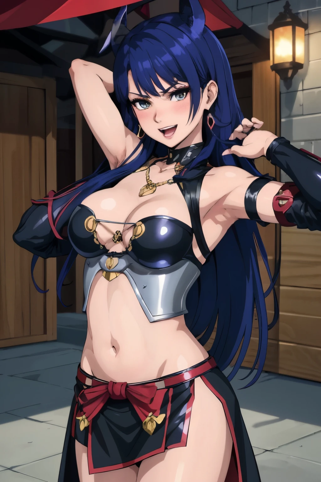lobelia, 1girl, long hair, large breast, blush, lipstick, jewelry, earrings, Hot girl, baddie, staring, glaring, bad attitude, mean girl, dare, angry, hate, crazy, smoking, sensual, attractive , blush, lipstick, masterpiece, best quality, highly detailed, fantasy , a anime girls in armored dress holding a sword
posing for a picture, evil smile, smile, open mouth, breastplate with open cleavage, cleavage, warrior
outfit, ecchi anime style, anime girls, ecchi style, (nsfw) not safe for work, ecchi, digital anime art!!, in
anime style, official artwork, visual novel cg, beautiful anime girl, anime style 4 k , loincloth, exposed
belly, exposed navel, exposed midriff, exposed lower belly, pencil skirt armored, castle,inside castle