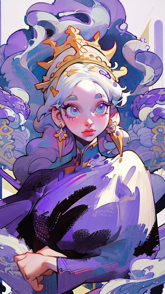 Beautiful albino woman with detailed braided medieval hairstyle (white hair), wearing detailed medieval gown (purple and black colours), with gold accessories and gold tiara, medieval queen, medieval woman,queen,game of thrones style,daenerys targaryen style, high quality, very detailed,hd quality, masterpiece,(lavender eye colour)