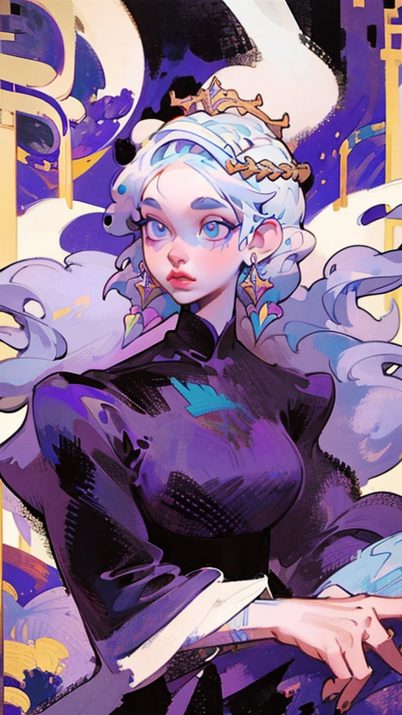 Beautiful albino woman with detailed braided medieval hairstyle (white hair), wearing detailed medieval gown (purple and black colours), with gold accessories and gold tiara, medieval queen, medieval woman,queen,game of thrones style,daenerys targaryen style, high quality, very detailed,hd quality, masterpiece,(lavender eye colour)