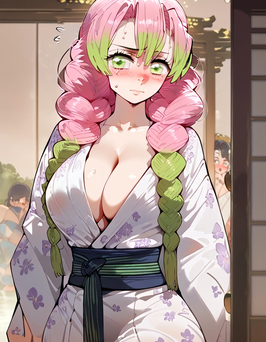 score_9, score_8_up, score_7_up, score_6_up, score_5_up, score_4_up, 1girl, ChopioMitsuri, long hair, pink hair, green hair, twin braids, multicolored hair, green eyes, eyelashes, mole under eye, breasts,  , kimono, , japanese clothes,  blush, large breasts,, yukata, , sweat, , collarbone, solo focus, one breast out, bath yukata, sash, , closed mouth, looking to the side, white kimono, embarrassed, floox style, (long hair:1.2), 