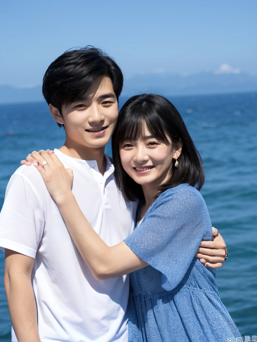 Couple, 1 female(23 years old)、1 male(60 years old), Black Hair、No bangs、Different heights, Detailed eyes, Looking at the audience. They embrace. Daytime sea background