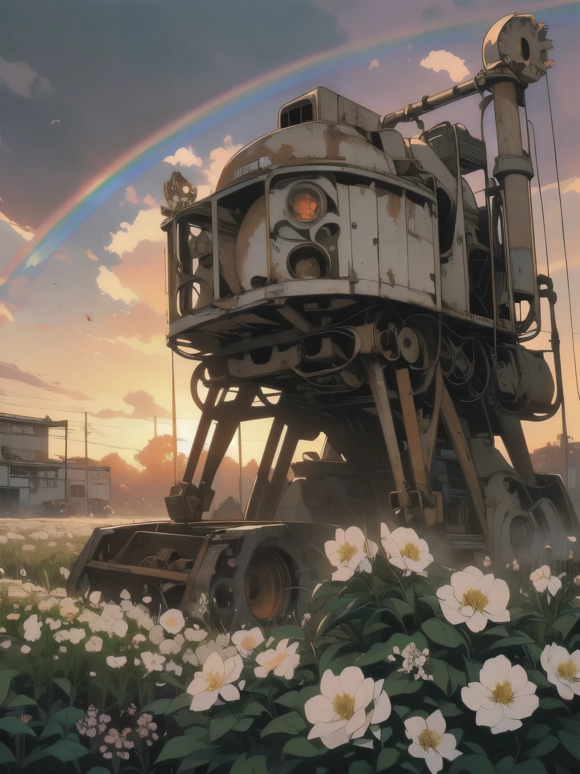 Detailed Machinery、Abandoned Factory、Atrium、(((White Flower Field)))、(((Rusty heavy equipment)))、Gorgeous light leaks、(((Sunset)))、fog、Detailed Background、Highest quality、(((No humans)))、Broken heavy machinery、Complex heavy machinery、Faint lighting、(((Fluttering white petals)))、sunset、(((Dull colors)))、(((Rusty detailed heavy machinery)))、(((Many white flowers fly)))、(((Heavy machinery buried in flowers)))、(((Lots of butterflies)))、(((There is one rainbow)))