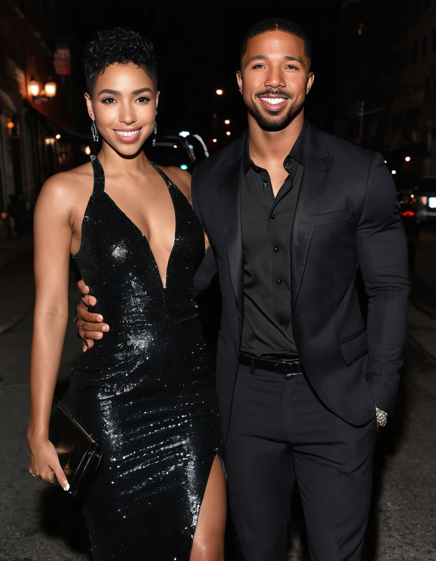 Alexandra Shipp and a handsome African American male whose facial features are a combo of Christian Keyes + Michael B. Jordan + Nathan Mitchell enjoy an evening stroll. Both are smiling. Both are dressed attractively for a night on the town. Alexandra wears a sparkly black dress. Alexandra has lovely makeup on her face. Nighttime. Romantic ambiance. Symmetrical eyes. Symmetrical faces. Lovely details. Photorealistic. Full-colored photo. Professional photo. Highly detailed 8K.