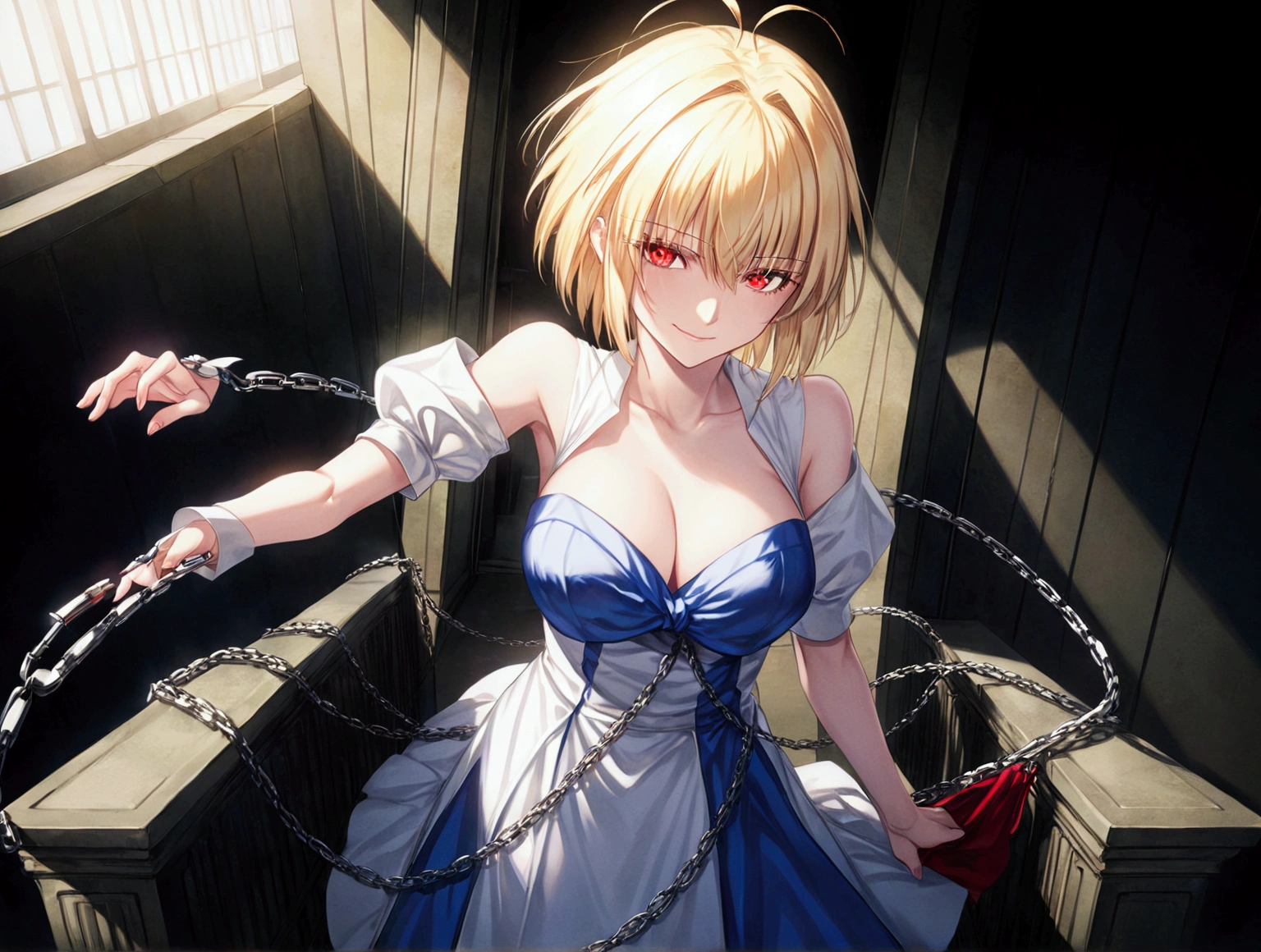 1girl, arcueid brunestud, red eyes, blonde hair, solo, breasts, evil smile, arcueid