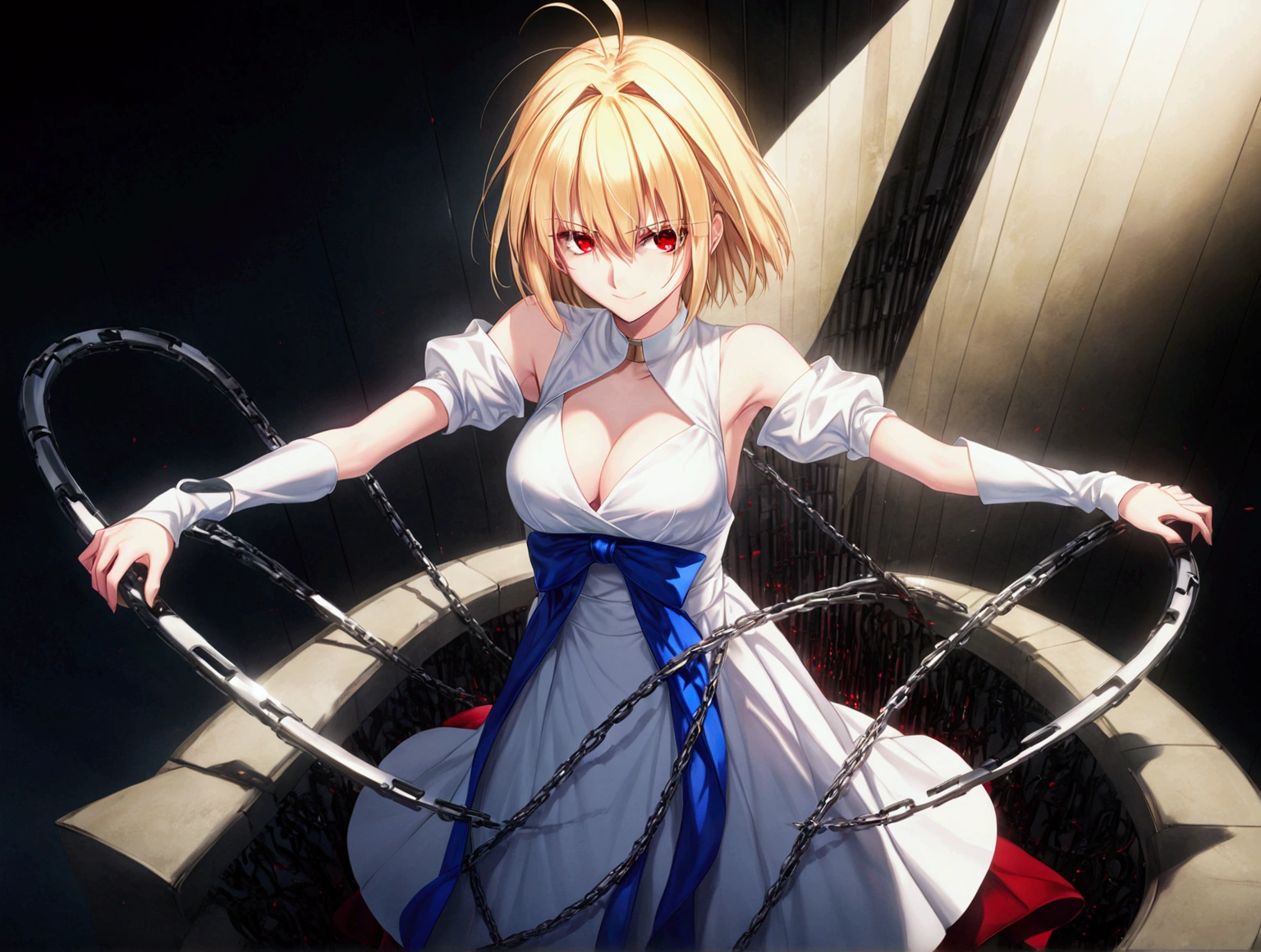 1girl, arcueid brunestud, red eyes, blonde hair, solo, breasts, evil smile, arcueid