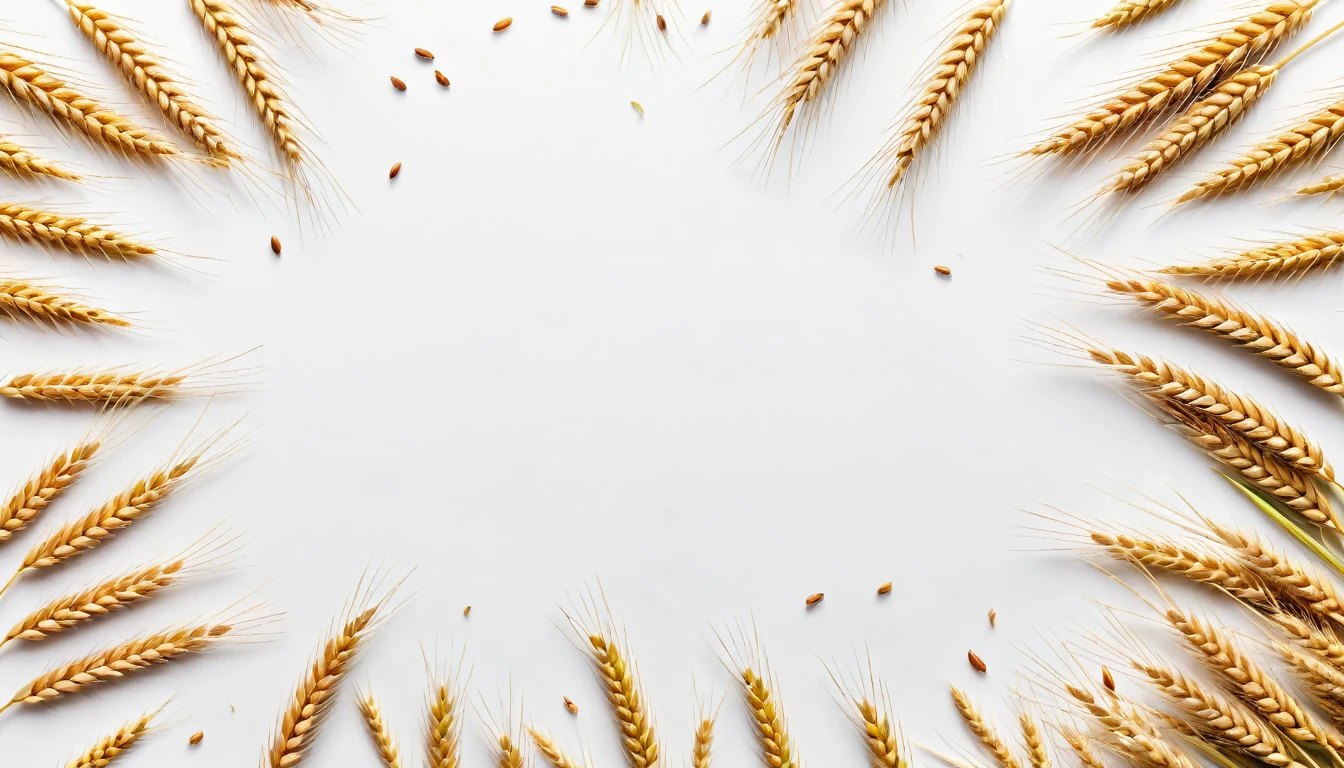 white background, stalks and grains of wheat scattered across the corners of a white background