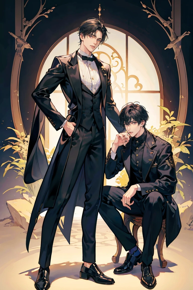 (masterpiece), best quality, seductive eyes, perfect face, handsome man, black eyes, long slicked back black hair, long nose, tan brown skin, black coat, black fitted pants, extremely tall man, long legs, long calves, full body, tall man, long legs, anime cover, 1boy, ear piercings, hands in pockets, adult-like look, cafe background