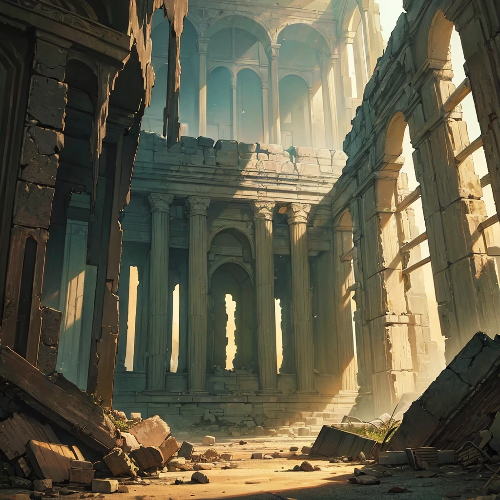 ((((No humans))))、Best illustrations、Best Quality、(Ancient ruins、desert、Grass)、floor、(middle ages)、battlefield、rubble、destruction、(The glittering interior of the temple、indoor)、From below