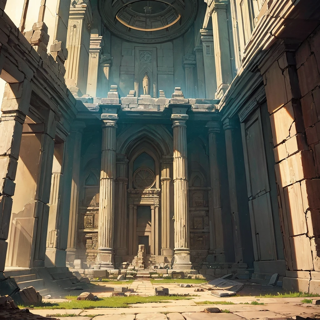 ((((No humans))))、Best illustrations、Best Quality、(Ancient ruins、desert、Grass)、floor、(middle ages)、battlefield、rubble、destruction、(The glittering interior of the temple、indoor)、From below