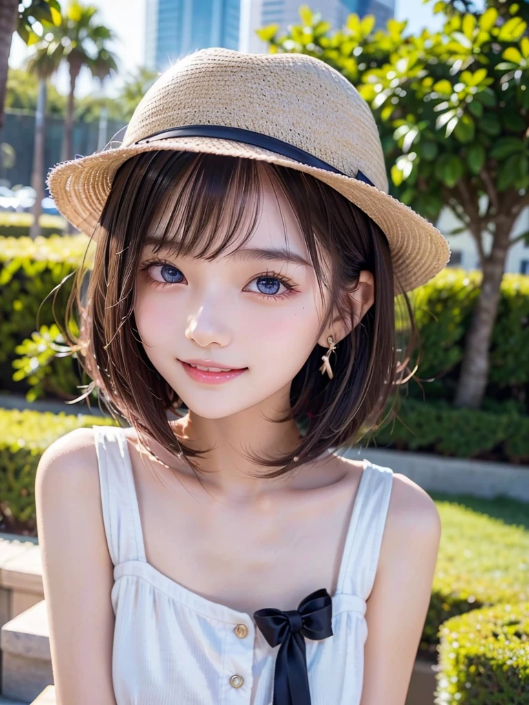 1girl, 14 years old, Famous idol, 1cute girl, very young face, detailed face, cute face, master piece , best quality , woman , bowler hat , bangs , smile , outdoor, Shiny platinum blonde silky super short hair, side locks, beautiful shiny bangs, big clear sky blue eyes, very beautiful light eye highlights, earrings,