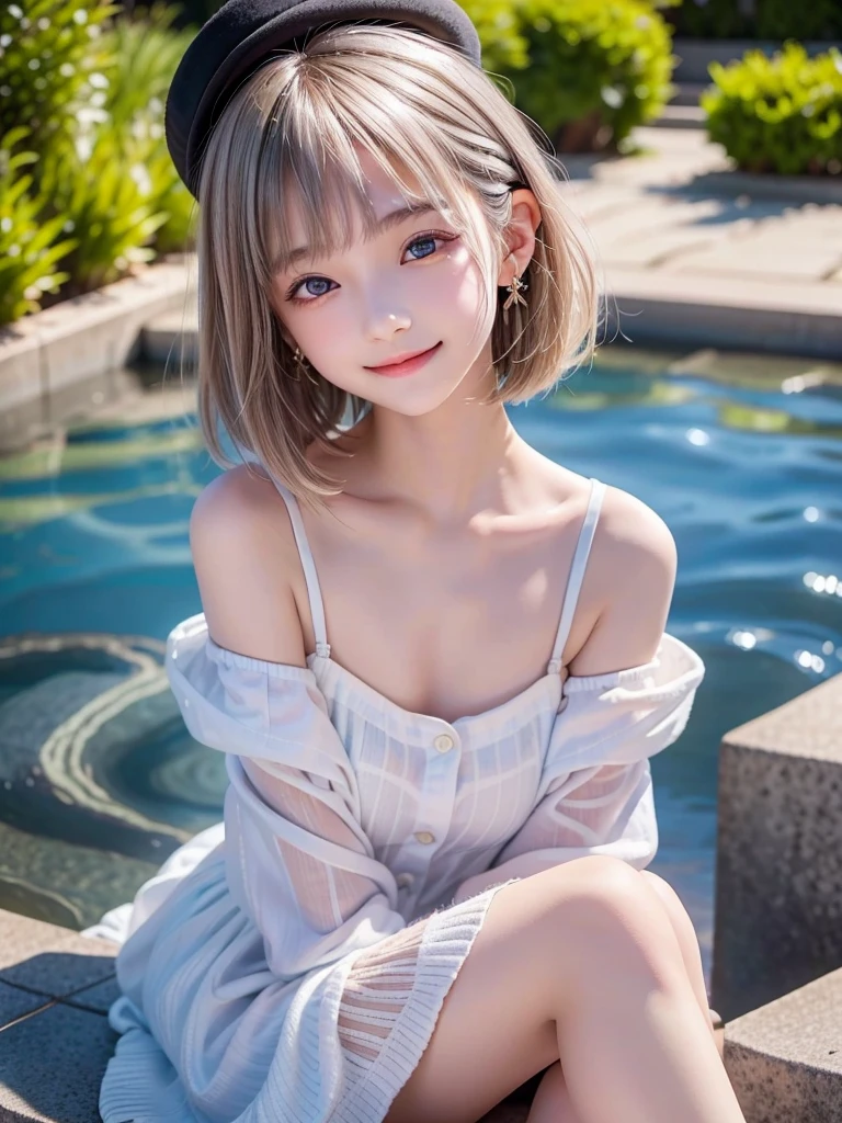 masterpiece, best quality, ((female teen)), (((turn over the skirt))),(cinematic proof),clear face, cute teenage girls,perfect anatomy, happy smile,winkking,open legs,silver short hair,blue eyes, realistic face, realistic,dynamic angle, (1girl), solo focus, small breast, ((lolita)),photoreal,hug,looking at viewer,sitting in the park,from below,((outdoor)),yo, open legs, wet panties