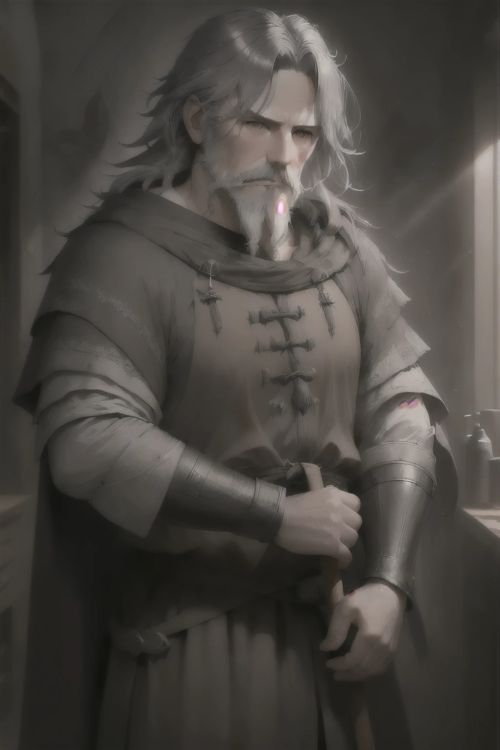((neocruz)),photo, old evil hermit, medieval, piercing_deep-set_eyes, wrinkled face, dark_stichted_cloak, (dramatic lighting:1.25), (shadowy background:1.2), (dirty_ unkempt_gray_hair:1.2), (long_shaggy_beard:1.3), (faded colors:1.1), (sharp focus:1.1), (shadows:1.2), (subtle HDR:1.3), (realistic skin texture:1.25), (detailed hair:1.2), (gritty texture:1.1), (cinematic look:1.2), (powerful pose:1.3), (blush:0.5), (goosebumps:0.5), subsurface scattering, detailed_grey_eyes