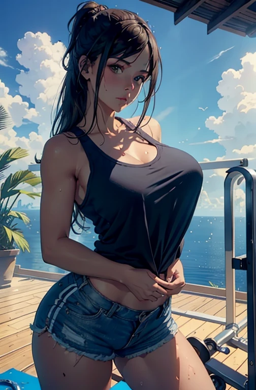  standing in a dynamic pose, wearing a sweatshirt, tank top and shorts, in a gym, perfect masterpiece, Best Quality, better resolution, huge breasts, Big, water, wet, splash, liquid, sunny, day, blue sky, clouds, nature, natural surroundings, (Character focus:1.1), sharp focus, realist, Very detailed, ultra detailed, Best Quality, of the highest quality, realist lighting, hyperdetailed, hyperrealism, greg rutkowski